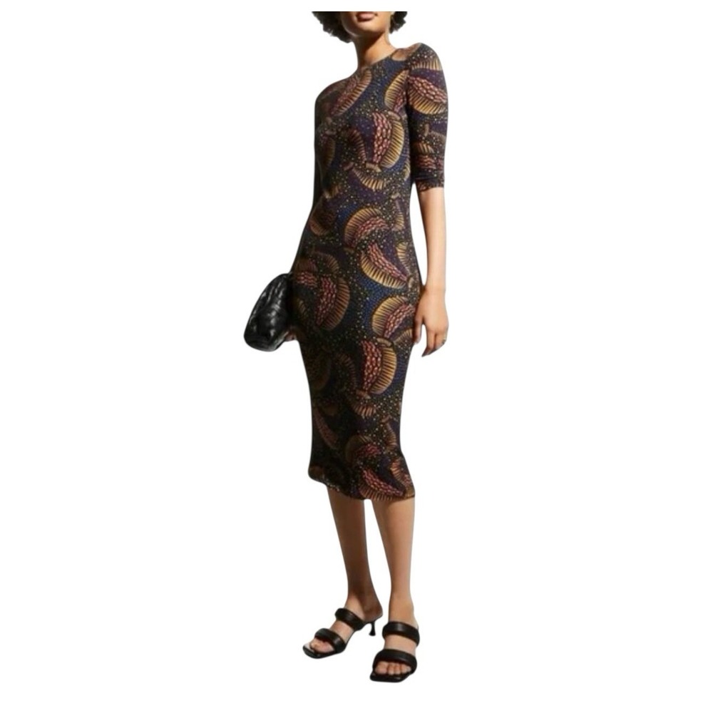 Farm Rio Black Wild Bananas Jersey Dress Women's Small  Bodycon Sheath Midi‎